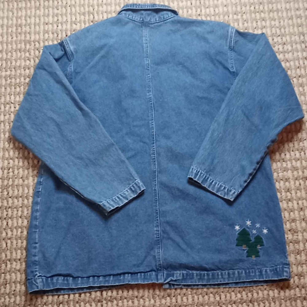 Holiday Denim Jean Jacket Trees Snowflakes Large Embroidered Jacket Top C&B - Picture 2 of 2
